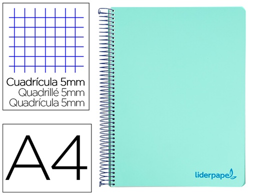 [2008941] LIDERPAPEL - CUADERNO ESPIRAL A4 MICRO THINK TAPA PLASTICO 140H 80 GR CUADRO 5MM 5 BANDAS 4 TALADROS VERDE (Ref.BA17)