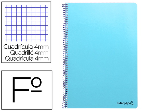 [2008180] LIDERPAPEL - Cuaderno espiral folio smart tapa blanda 80h 60gr cuadro 4mm con margen color celeste (Ref. BG01)