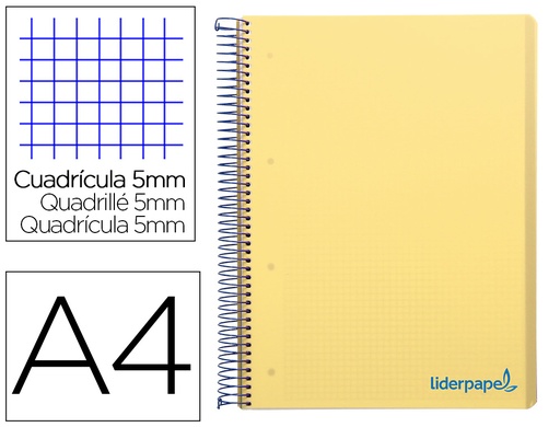 [2008937] LIDERPAPEL - CUADERNO ESPIRAL A4 MICRO THINK TAPA PLASTICO 140H 80 GR CUADRO 5MM 5 BANDAS 4 TALADROS AMARILLO (Ref.BA20)