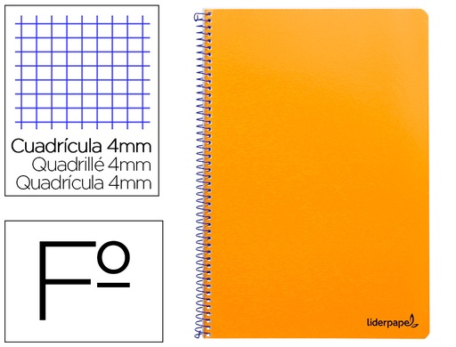 [2008182] LIDERPAPEL - Cuaderno espiral folio smart tapa blanda 80h 60gr cuadro 4mm con margen color naranja (Ref. BF95)