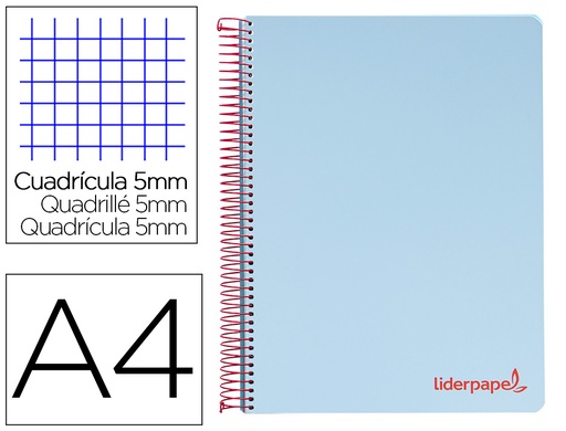 [2008938] LIDERPAPEL - CUADERNO ESPIRAL A4 MICRO THINK TAPA PLASTICO 140H 80 GR CUADRO 5MM 5 BANDAS 4 TALADROS AZUL (Ref.BA15)