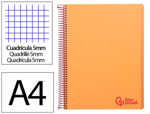 [2008939] LIDERPAPEL - CUADERNO ESPIRAL A4 MICRO THINK TAPA PLASTICO 140H 80 GR CUADRO 5MM 5 BANDAS 4 TALADROS NARANJA (Ref.BA18)