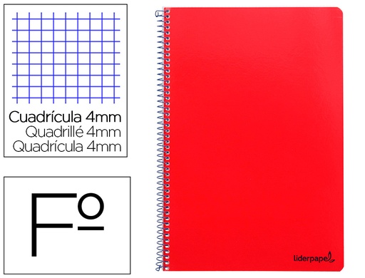 [2008184] LIDERPAPEL - Cuaderno espiral folio smart tapa blanda 80h 60gr cuadro 4mm con margen color rojo (Ref. BF96)