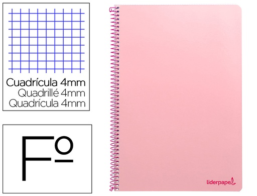 [2008185] LIDERPAPEL - Cuaderno espiral folio smart tapa blanda 80h 60gr cuadro 4mm con margen color rosa (Ref. BF97)