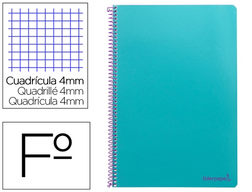 [2008186] LIDERPAPEL - Cuaderno espiral folio smart tapa blanda 80h 60gr cuadro 4mm con margen color turquesa (Ref. BF98)