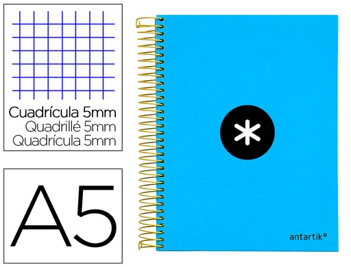 [2074592] ANTARTIK - CUADERNO ESPIRAL LIDERPAPEL A5 MICRO TAPA FORRADA 120H 100 GR CUADRO5MM 5 BANDAS 6 TALADROS COLOR AZUL (Ref.KD31)