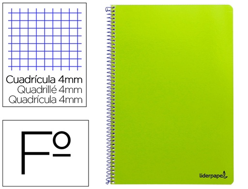 [2008187] LIDERPAPEL - Cuaderno espiral folio smart tapa blanda 80h 60gr cuadro 4mm con margen color verde (Ref. BF99)