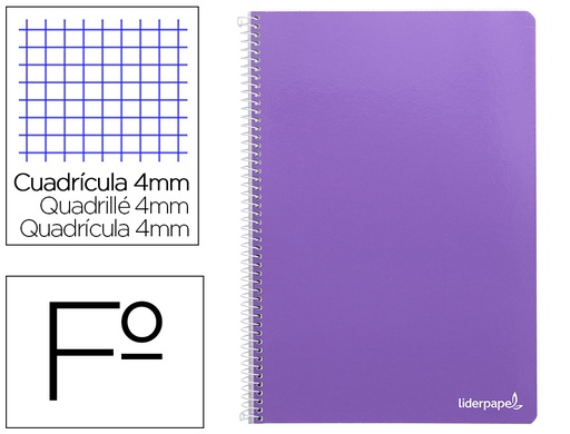 [2008188] LIDERPAPEL - Cuaderno espiral folio smart tapa blanda 80h 60gr cuadro 4mm con margen color violeta (Ref. BG03)