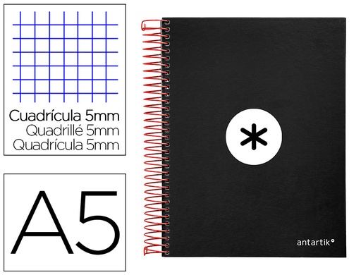 [2074601] ANTARTIK - CUADERNO ESPIRAL LIDERPAPEL A5 MICRO TAPA FORRADA 120H 100 GR CUADRO5MM 5 BANDAS 6 TALADROS COLOR NEGRO (Ref.KD40)
