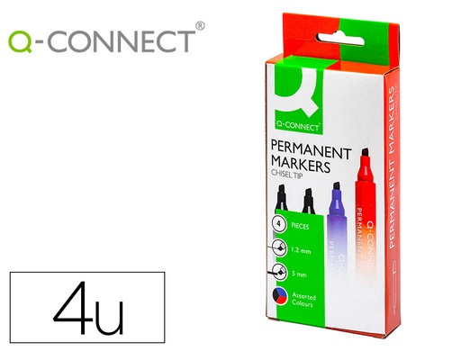 [2079626] Q-CONNECT - ROTULADOR MARCADOR PERMANENTE ESTUCHE DE 4 COLORES SURTIDOS PUNTA BISELADA 5.0 MM (Ref.KF26089)