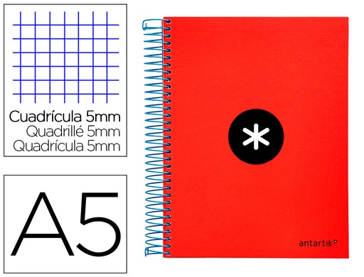 [2074593] ANTARTIK - CUADERNO ESPIRAL LIDERPAPEL A5 MICRO TAPA FORRADA 120H 100 GR CUADRO5MM 5 BANDAS 6 TALADROS COLOR ROJO (Ref.KD32)