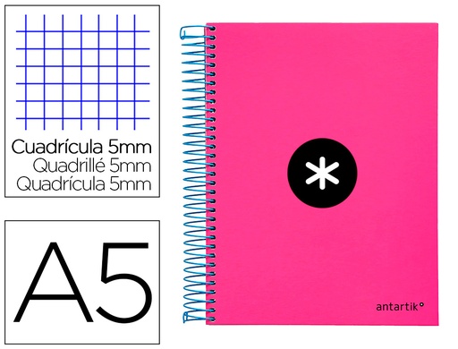 [2074596] ANTARTIK - CUADERNO ESPIRAL LIDERPAPEL A5 MICRO TAPA FORRADA 120H 100 GR CUADRO5MM 5 BANDAS 6 TALADROS COLOR ROSA (Ref.KD35)