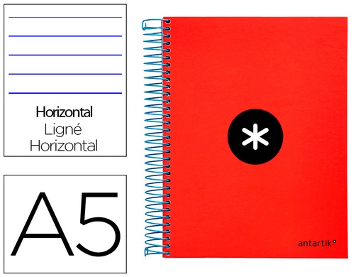 [2074553] ANTARTIK - CUADERNO ESPIRAL LIDERPAPEL A5 MICRO TAPA FORRADA 120H 100 GR HORIZONTAL 5 BANDAS 6 TALADROS COLOR ROJO (Ref.KD12)