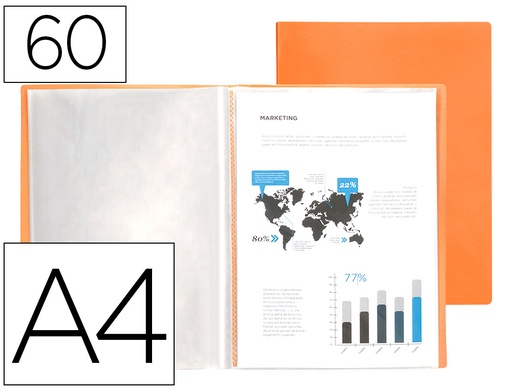 [2159446] LIDERPAPEL - Carpeta escaparate 60 fundas polipropileno din A4 naranja fluor opaco (Ref. EC86)