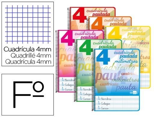[2058587] LIDERPAPEL - CUADERNO ESPIRAL FOLIO PAUTAGUIA TAPA DURA 80H 80 GR CUADRO PAUTADO 4MMCON MARGEN COLORES SURTIDOS (Ref.BF82)