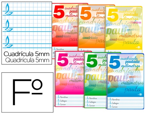 [2058588] LIDERPAPEL - CUADERNO ESPIRAL FOLIO PAUTAGUIA TAPA DURA 80H 80 GR CUADRO PAUTADO 5MMCON MARGEN COLORES SURTIDOS (Ref.BF83)