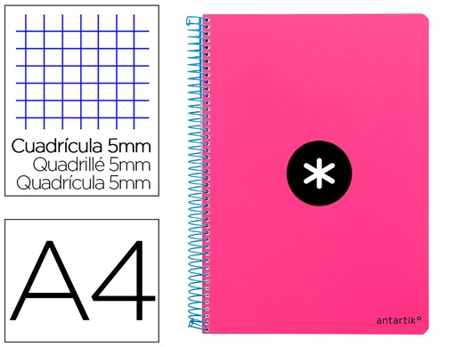 [2074686] ANTARTIK - CUADERNO ESPIRAL LIDERPAPEL FOLIO TAPA DURA 80H 100 GR CUADRO 4MM CON MARGENCOLOR ROSA FLUOR (Ref.KE05)
