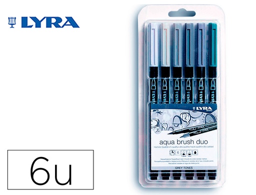 [9159887] LYRA - Rotulador aqua brush acuarelable doble punta y pincel tonos grises blister de 6 unidades surtidas (Ref. L6521063)