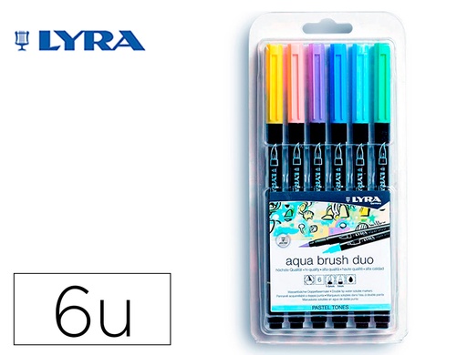 [9159885] LYRA - Rotulador aqua brush acuarelable doble punta y pincel tonos pastel blister de 6 unidades surtidas (Ref. L6521061)