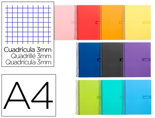 [2009950] LIDERPAPEL - CUADERNO ESPIRAL FOLIO MULTILIDER TAPA FORRADA 80H 80 GR CUADRO 3MM CON MARGEN COLORES SURTIDOS (Ref.BF49)