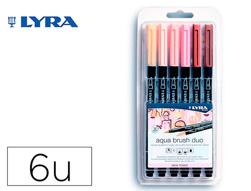 [9159886] LYRA - Rotulador aqua brush acuarelable doble punta y pincel tonos piel blister de 6 unidades surtidas (Ref. L6521062)