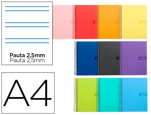 [2009969] LIDERPAPEL - CUADERNO ESPIRAL FOLIO MULTILIDER TAPA FORRADA 80H 80 GR PAUTA 2,5MM CON MARGEN COLORES SURTIDOS (Ref.BF51)