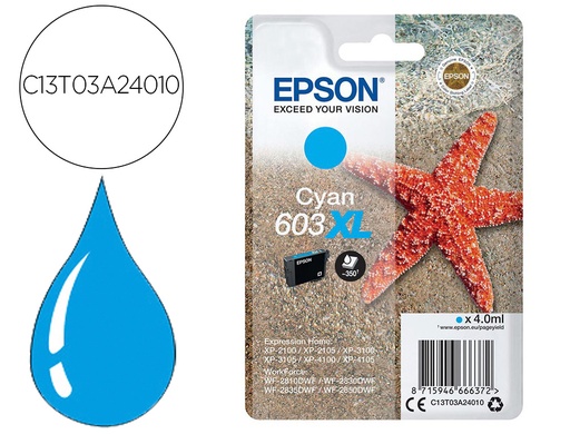 [9156590] EPSON - Ink-jet 603xl xp-2100 / 2105 / 3100 / 4100 / wf-2810 / 2830 / 2835 / 2850 cian 350 paginas (Ref. C13T03A24010)