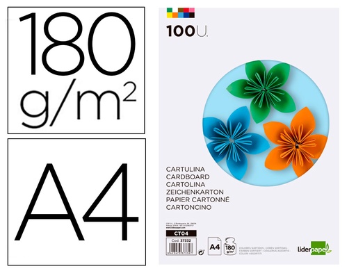[2037332] LIDERPAPEL - CARTULINA A4 180G/M2 10 COLORES SURTIDOS PAQUETE DE 100 (Ref.CT04)