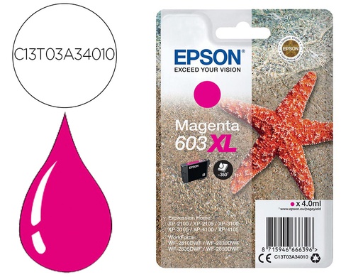 [9156591] EPSON - Ink-jet 603xl xp-2100 / 2105 / 3100 / 4100 / wf-2810 / 2830 / 2835 / 2850 magenta 350 paginas (Ref. C13T03A34010)