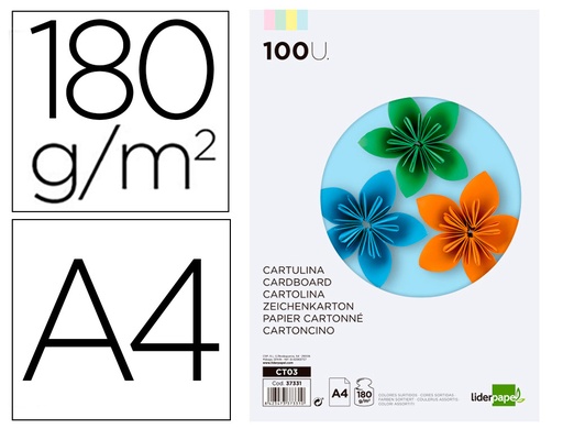 [2037331] LIDERPAPEL - CARTULINA A4 180G/M2 4 COLORES SURTIDOS PAQUETE DE 100 (Ref.CT03)