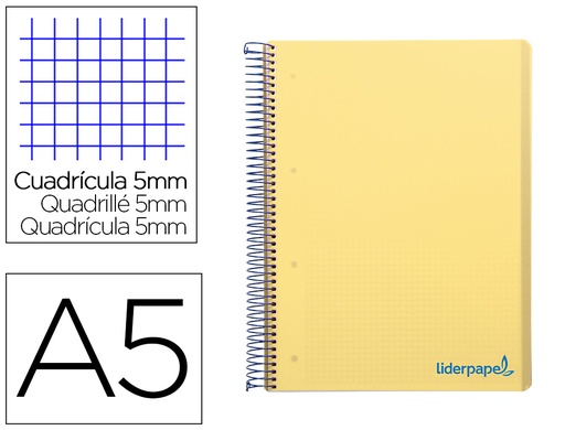 [2009232] LIDERPAPEL - CUADERNO ESPIRAL A5 MICRO THINK TAPA PLASTICO 160H 80 GR CUADRO 5MM 5 BANDAS 6 TALADROS AMARILLO (Ref.BJ19)