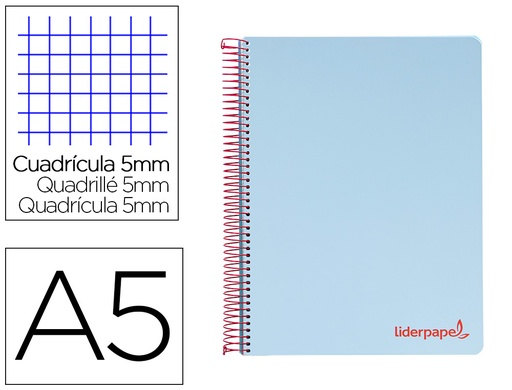 [2009233] LIDERPAPEL - CUADERNO ESPIRAL A5 MICRO THINK TAPA PLASTICO 160H 80 GR CUADRO 5MM 5 BANDAS 6 TALADROS AZUL (Ref.BJ14)