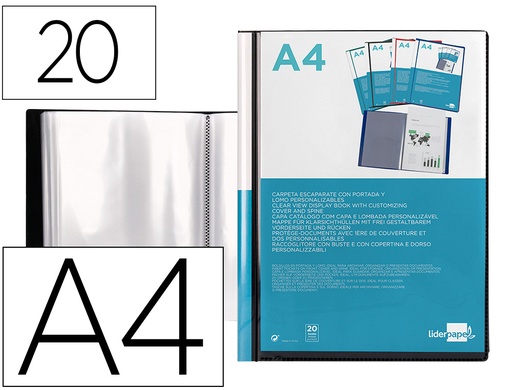 [2023044] LIDERPAPEL - CARPETA ESCAPARATE 37715 20 FUNDAS CANGURO POLIPROPILENO DIN A4 NEGRA PORTADA Y LOMO PERSONALIZABLE (Ref.CJ57)