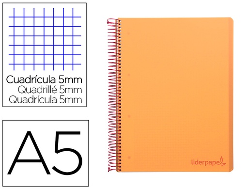[2009234] LIDERPAPEL - CUADERNO ESPIRAL A5 MICRO THINK TAPA PLASTICO 160H 80 GR CUADRO 5MM 5 BANDAS 6 TALADROS NARANJA (Ref.BJ17)