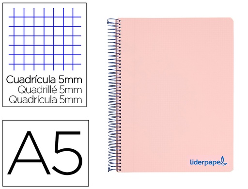 [2009235] LIDERPAPEL - CUADERNO ESPIRAL A5 MICRO THINK TAPA PLASTICO 160H 80 GR CUADRO 5MM 5 BANDAS 6 TALADROS ROJO (Ref.BJ15)