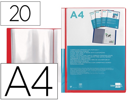 [2011044] LIDERPAPEL - Carpeta personaliza 20 fundas canguro polipropileno din A4 rojo translucido portada y lomo (Ref. JC02)
