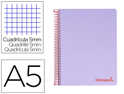 [2009237] LIDERPAPEL - CUADERNO ESPIRAL A5 MICRO THINK TAPA PLASTICO 160H 80 GR CUADRO 5MM 5 BANDAS 6 TALADROS VIOLETA (Ref.BJ18)