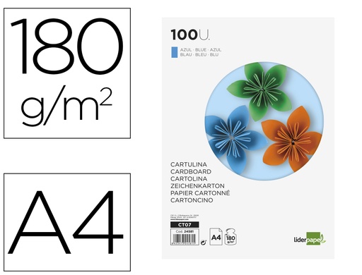 [2024581] LIDERPAPEL - CARTULINA A4 180G/M2 AZUL PAQUETE DE 100 (Ref.CT07)