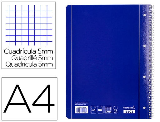 [2029110] LIDERPAPEL - CUADERNO ESPIRAL A4 MICRO SERIE AZUL TAPA BLANDA 80H 80 GR CUADRO5MM CON MARGEN 4 TALADROS AZUL (Ref.BE03)