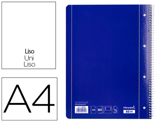 [2029112] LIDERPAPEL - CUADERNO ESPIRAL A4 MICRO SERIE AZUL TAPA BLANDA 80H 80 GR LISO CON MARGEN 4 TALADROS AZUL (Ref.BE14)