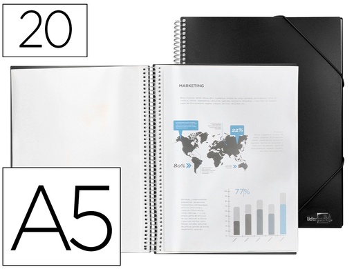 [2010985] LIDERPAPEL - Carpeta escaparate con espiral 20 fundas polipropileno din a5 negro opaco (Ref. EC58)