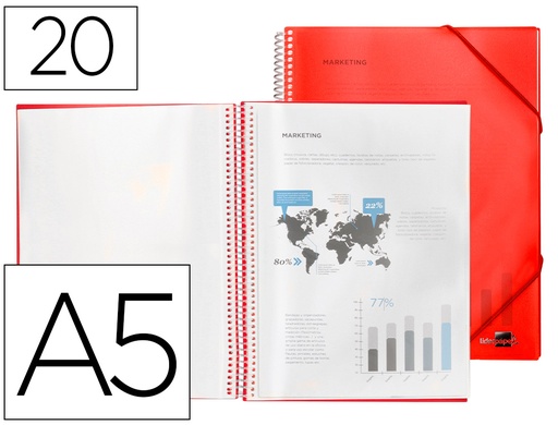 [2077525] LIDERPAPEL - CARPETA ESCAPARATE CON ESPIRAL 20 FUNDAS POLIPROPILENO DIN A5 ROJA (Ref.EC47)