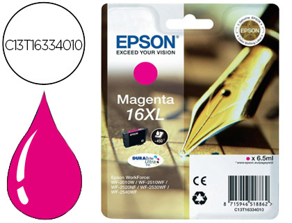 [9074403] EPSON - Cartuchos ORIGINALES Inyección De Tinta 16XL WF2010W WF2510WF WF2520NF WF2530WF WF2540WF MAGENTA 450 PAG (Ref.C13T16334010)