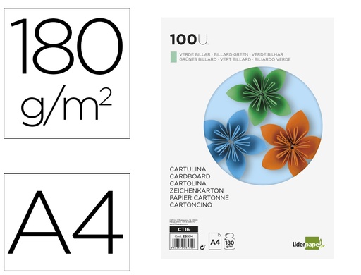 [2026534] LIDERPAPEL - CARTULINA A4 180G/M2 VERDE BILLAR PAQUETE DE 100 (Ref.CT16)