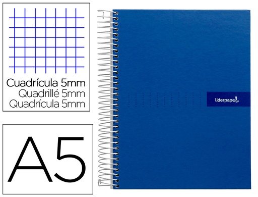 [2009547] LIDERPAPEL - CUADERNO ESPIRAL A5 MICRO MULTILIDER TAPA FORRADA 140H 80 GR CUADRO 5MM 5 BANDAS 6 TALADROS AZUL (Ref.BJ08)
