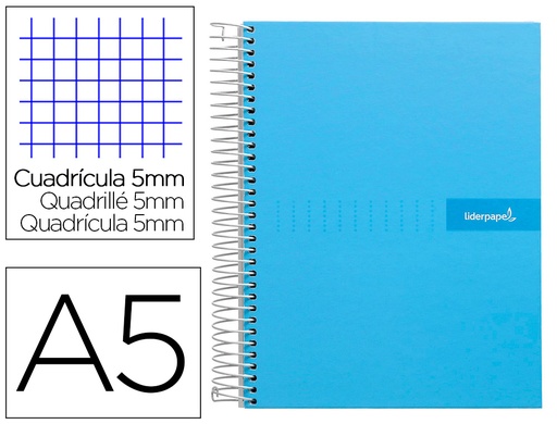 [2009543] LIDERPAPEL - CUADERNO ESPIRAL A5 MICRO MULTILIDER TAPA FORRADA 140H 80 GR CUADRO 5MM 5 BANDAS 6 TALADROS CELESTE (Ref.BJ58)