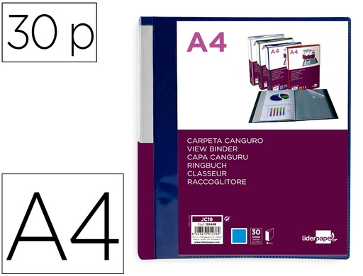 [2159468] LIDERPAPEL - Carpeta 30 fundas canguro pp din A4 azul translucido portada y lomo personalizable (Ref. JC19)