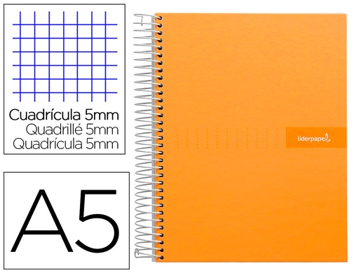 [2009544] LIDERPAPEL - CUADERNO ESPIRAL A5 MICRO MULTILIDER TAPA FORRADA 140H 80 GR CUADRO 5MM 5 BANDAS 6 TALADROS NARANJA (Ref.BJ13)