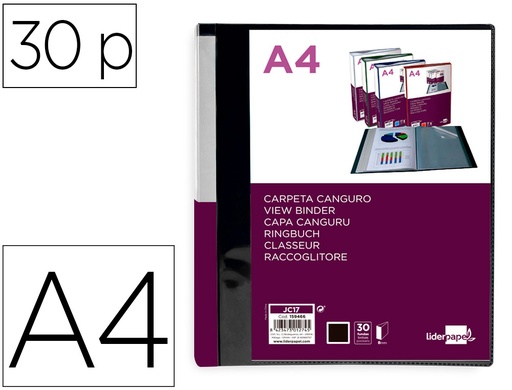 [2159466] LIDERPAPEL - Carpeta 30 fundas canguro pp din A4 negro opaco portada y lomo personalizable (Ref. JC17)