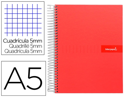 [2009545] LIDERPAPEL - CUADERNO ESPIRAL A5 MICRO MULTILIDER TAPA FORRADA 140H 80 GR CUADRO 5MM 5 BANDAS 6 TALADROS ROJO (Ref.BJ09)